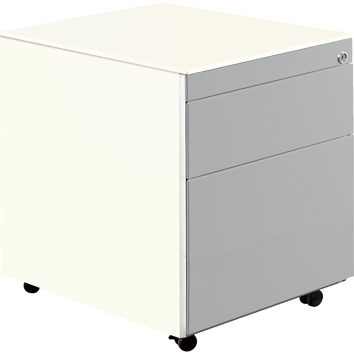Casetieră cu sertare cu role – mauser, î. x ad. 570 x 600 mm, 1 sertar pentru materiale, 1 registratură suspendată, alb pur / alb aluminiu / alb