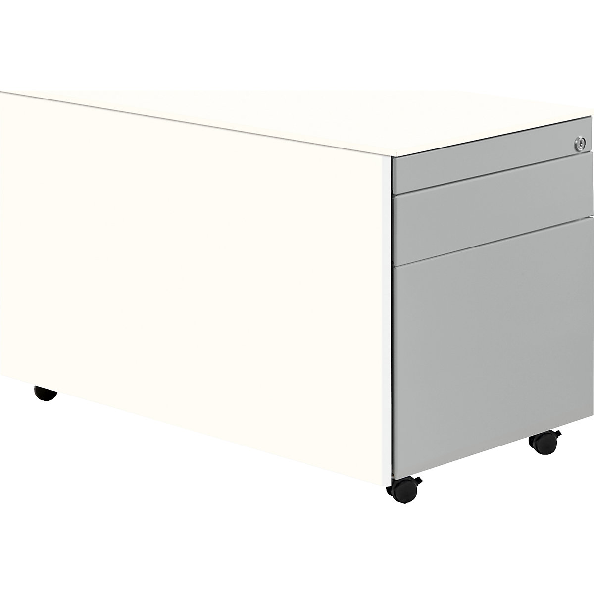 Casetieră cu sertare cu role – mauser, î. x ad. 520 x 800 mm, 1 sertar pentru materiale, 1 registratură suspendată, alb pur / alb aluminiu / alb pur