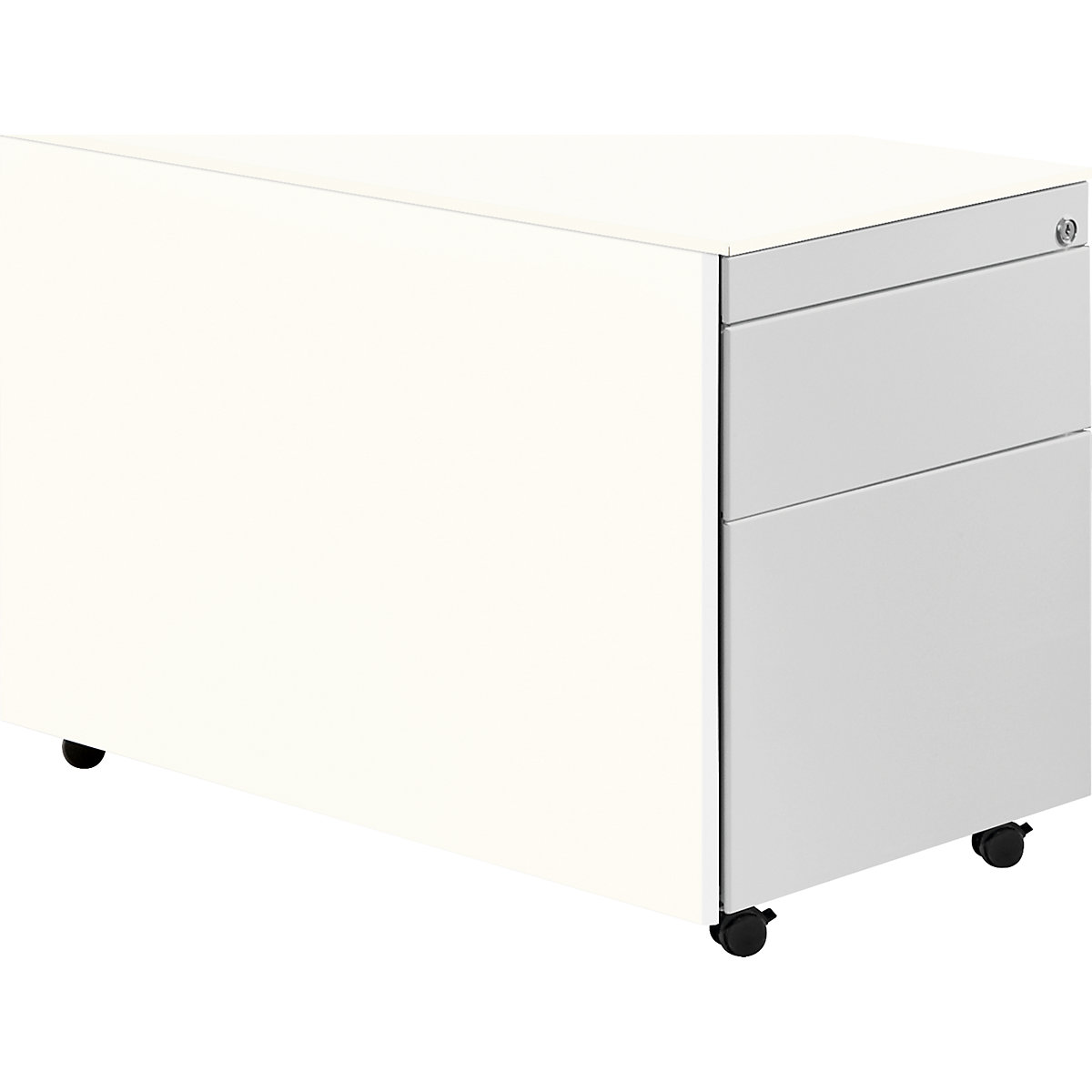 Casetieră cu sertare cu role – mauser, î. x ad. 570 x 800 mm, 1 sertar pentru materiale, 1 registratură suspendată, alb pur / alb aluminiu / alb