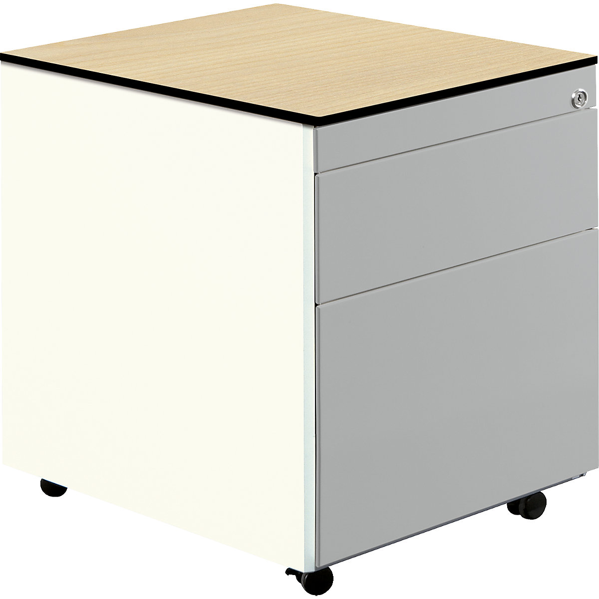 mauser – Casetieră cu sertare cu role, î. x ad. 573 x 600 mm, 1 sertar pentru materiale, 1 registratură suspendată, alb pur / alb aluminiu / arțar