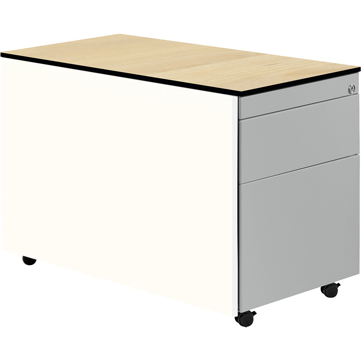 mauser – Casetieră cu sertare cu role, î. x ad. 573 x 800 mm, 1 sertar pentru materiale, 1 registratură suspendată, alb pur / alb aluminiu / arțar