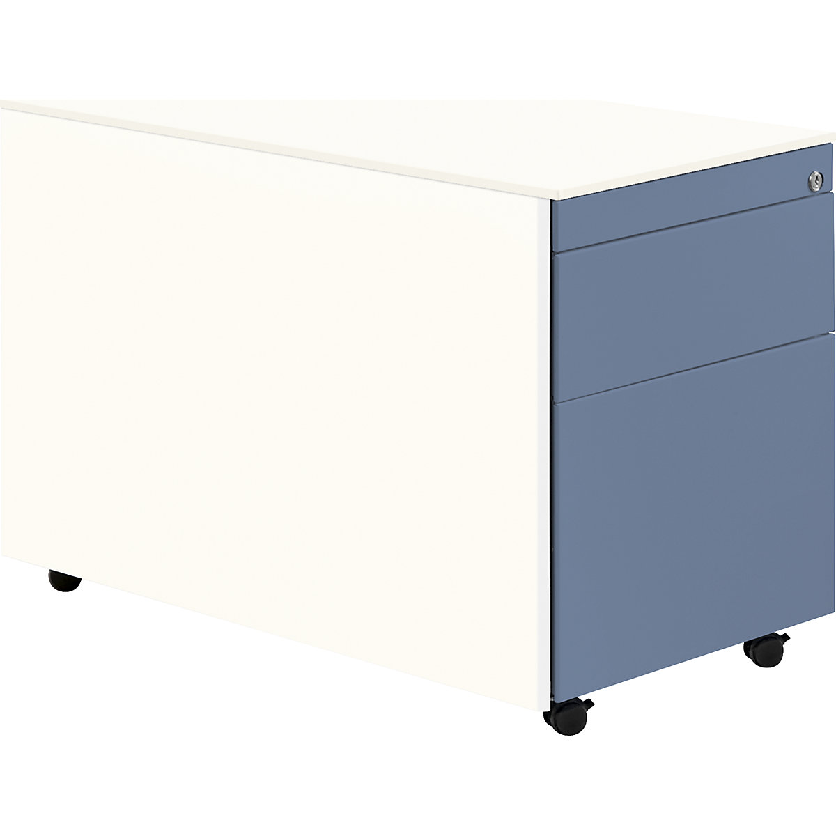 Casetieră cu sertare cu role – mauser, î. x ad. 570 x 800 mm, 1 sertar pentru materiale, 1 registratură suspendată, alb pur / albastru porumbel / alb pur