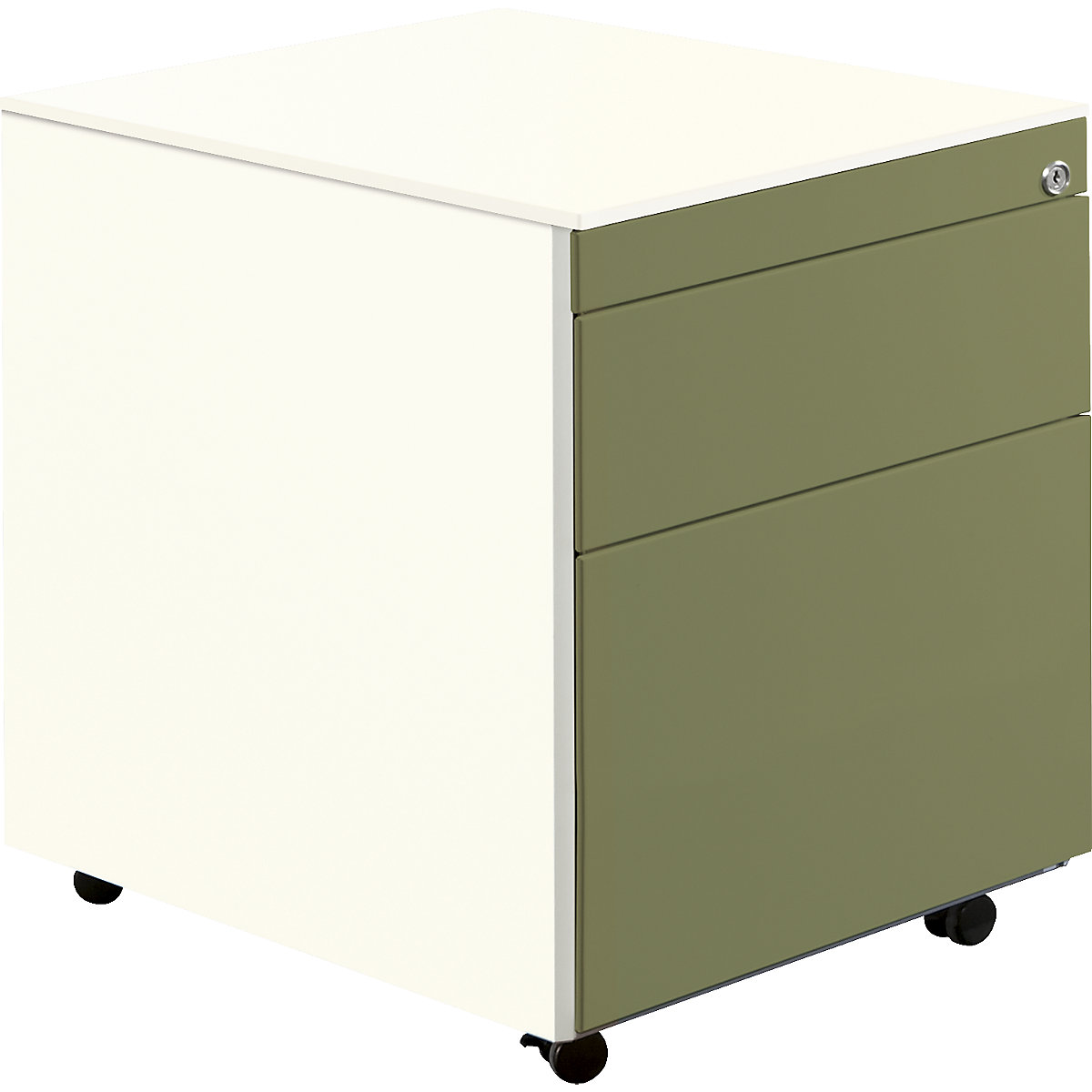 Casetieră cu sertare cu role – mauser, î. x ad. 570 x 600 mm, 1 sertar pentru materiale, 1 registratură suspendată, alb pur / verde stuf / alb pur