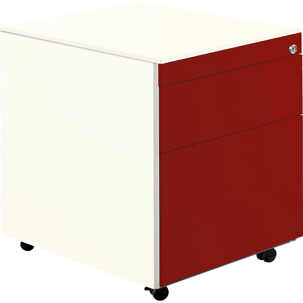 Casetieră cu sertare cu role – mauser, î. x ad. 570 x 600 mm, 1 sertar pentru materiale, 1 registratură suspendată, alb pur / roșu rubin / alb pur