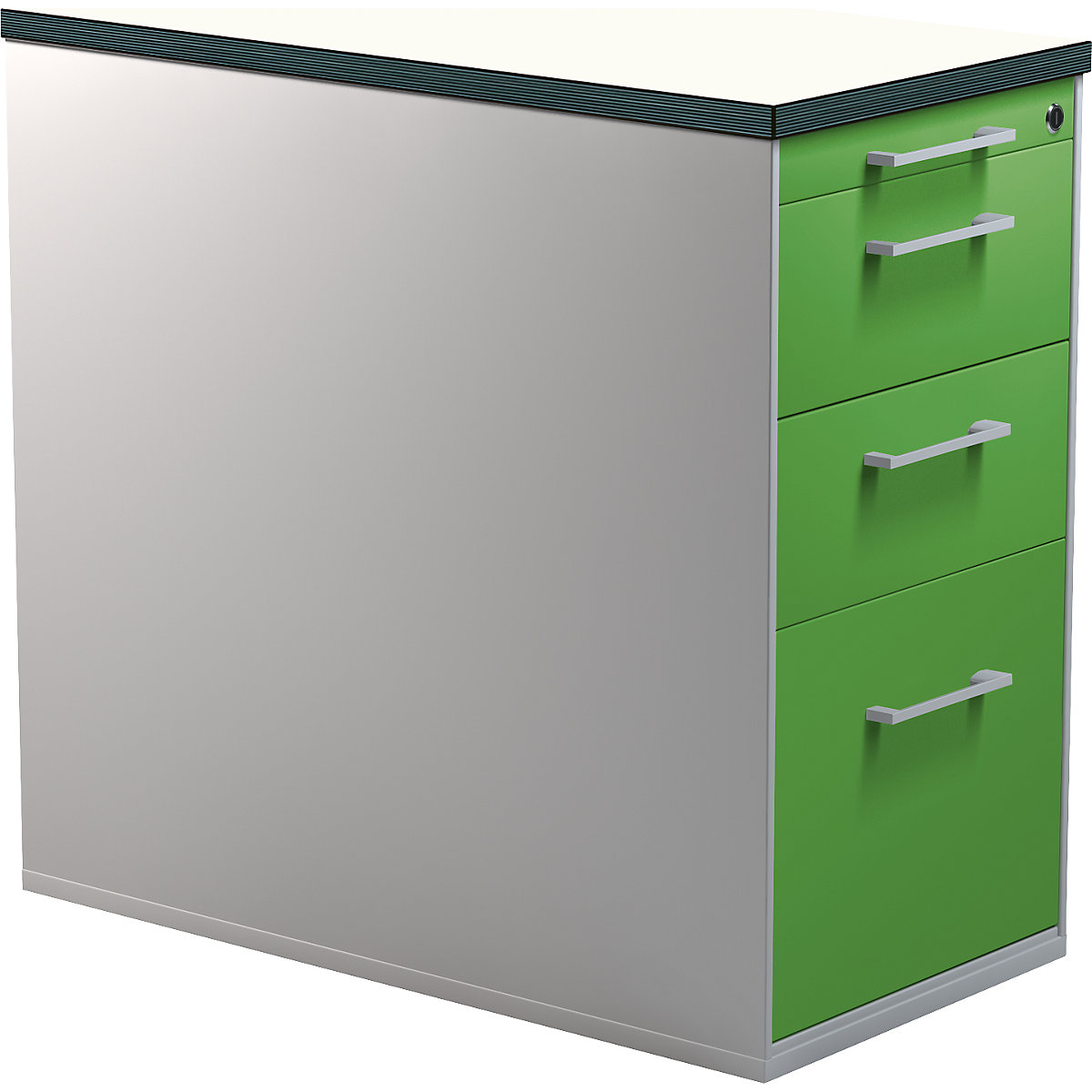 mauser – Casetieră cu sertare, cu soclu, înălțime 720 mm, 2 sertare pentru materiale, 1 sertar pentru registratură suspendată, argintiu aluminiu / verde gălbui / alb
