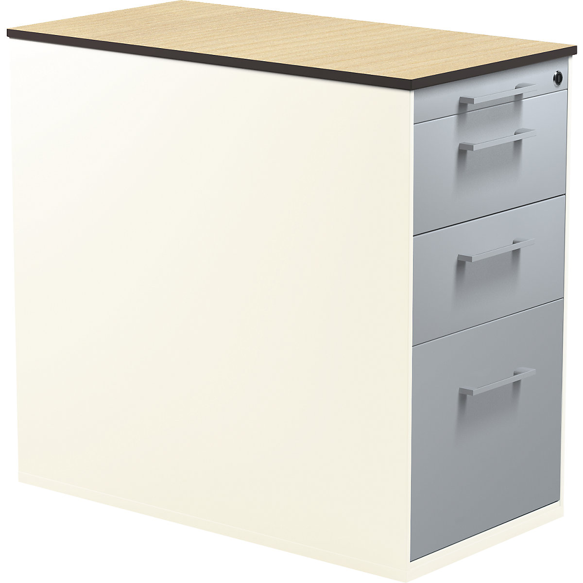 mauser – Casetieră cu sertare, cu soclu, înălțime 708 mm, 2 sertare pentru materiale, 1 sertar pentru registratură suspendată, alb pur / argintiu aluminiu / arțar