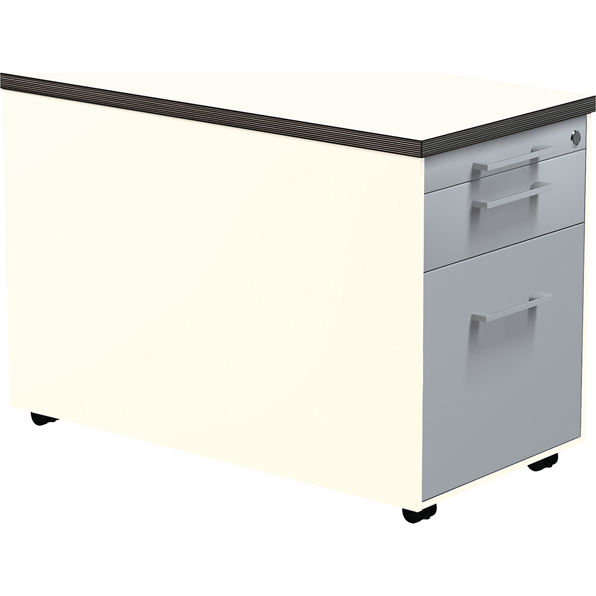 Casetieră cu sertare pe role – mauser, î. x ad. 529 x 800 mm, 1 sertar pentru materiale, 1 registratură suspendată, alb pur / argintiu aluminiu / alb