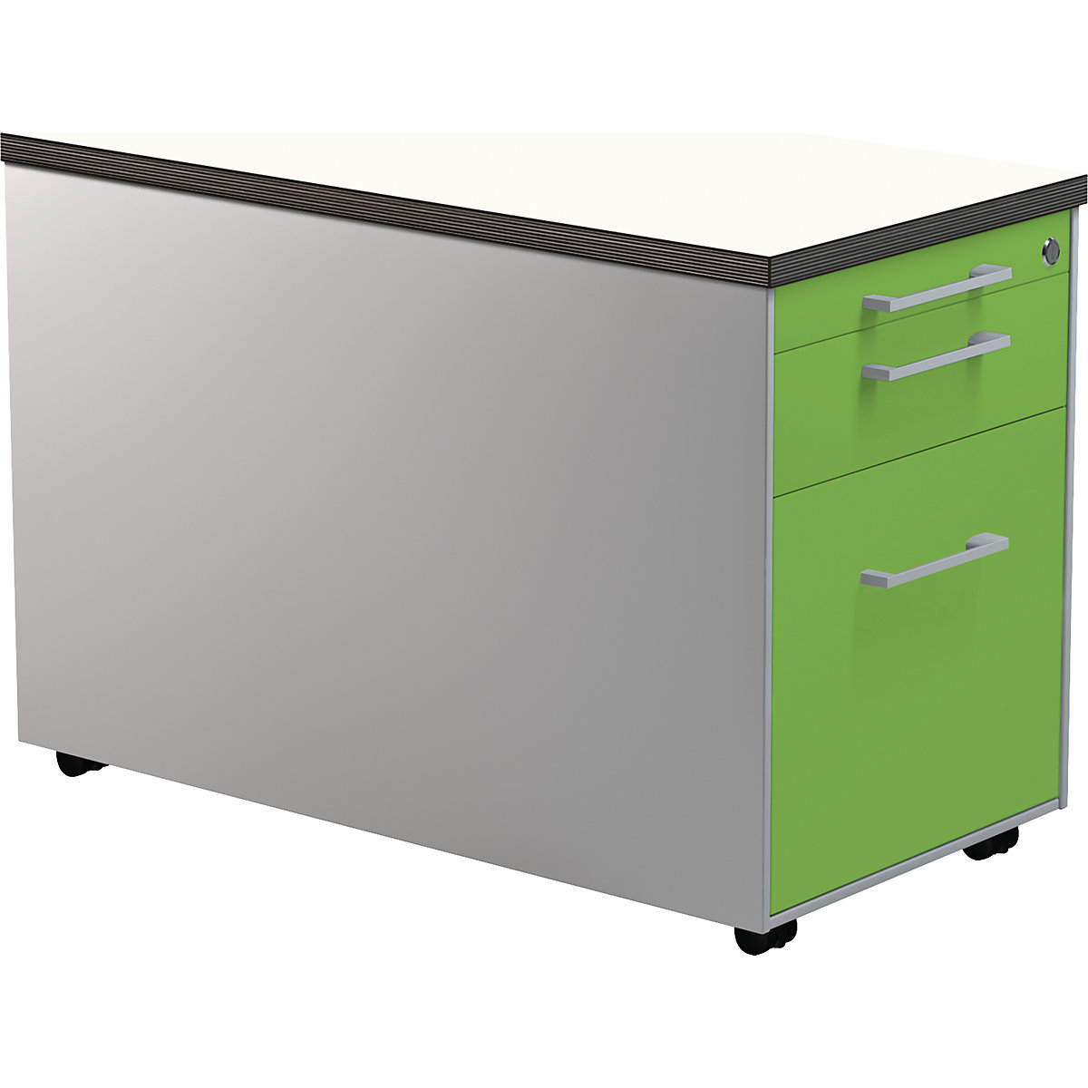 Casetieră cu sertare pe role – mauser, î. x ad. 529 x 800 mm, 1 sertar pentru materiale, 1 registratură suspendată, argintiu aluminiu / verde gălbui / alb