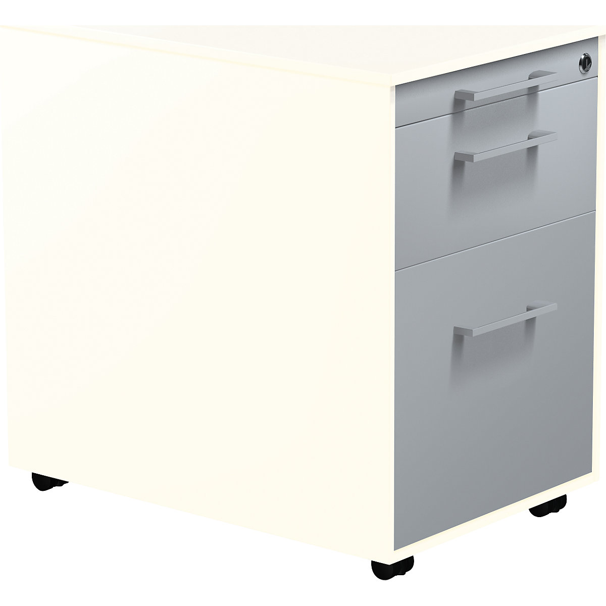 mauser – Casetieră cu sertare pe role, î. x ad. 570 x 600 mm, 1 sertar pentru materiale, 1 registratură suspendată, alb pur / argintiu aluminiu / alb pur