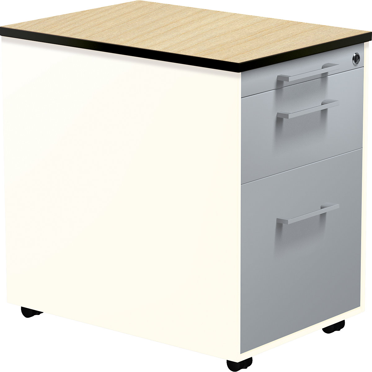 mauser – Casetieră cu sertare pe role, î. x ad. 573 x 600 mm, 1 sertar pentru materiale, 1 sertar pentru registratură suspendată, alb pur / argintiu aluminiu / arțar