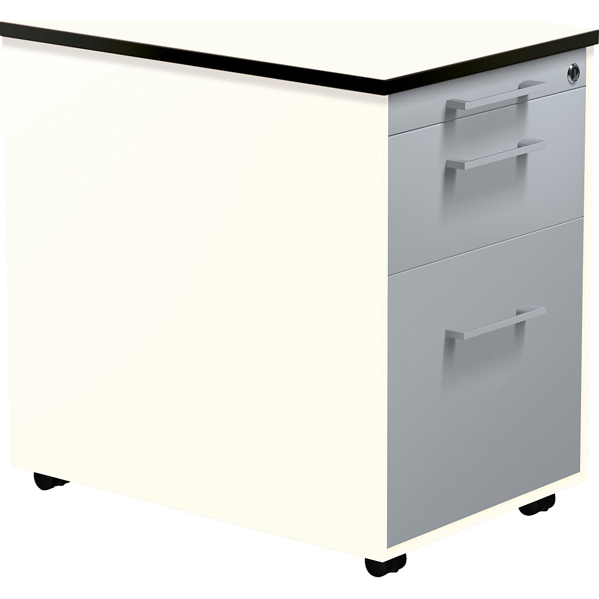 mauser – Casetieră cu sertare pe role, î. x ad. 573 x 600 mm, 1 sertar pentru materiale, 1 sertar pentru registratură suspendată, alb pur / argintiu aluminiu / alb