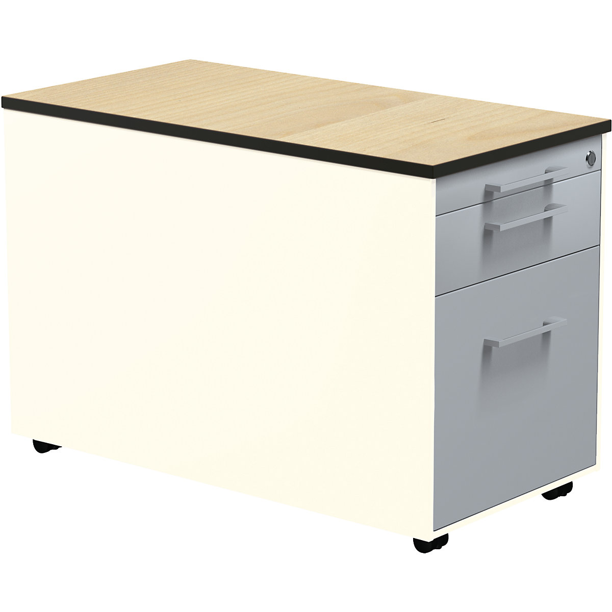 Casetieră cu sertare pe role – mauser, î. x ad. 523 x 800 mm, 1 sertar pentru materiale, 1 sertar pentru registratură suspendată, alb pur / argintiu aluminiu / arțar