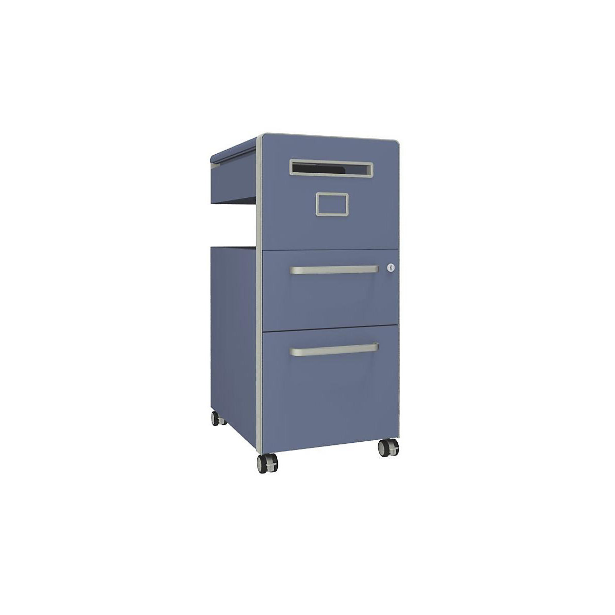 BISLEY – Mobilier auxiliar Bite™, cu 1 panou whiteboard, deschidere pe partea dreaptă, cu 1 sertar universal, 1 sertar pentru registratură suspendată, albastru