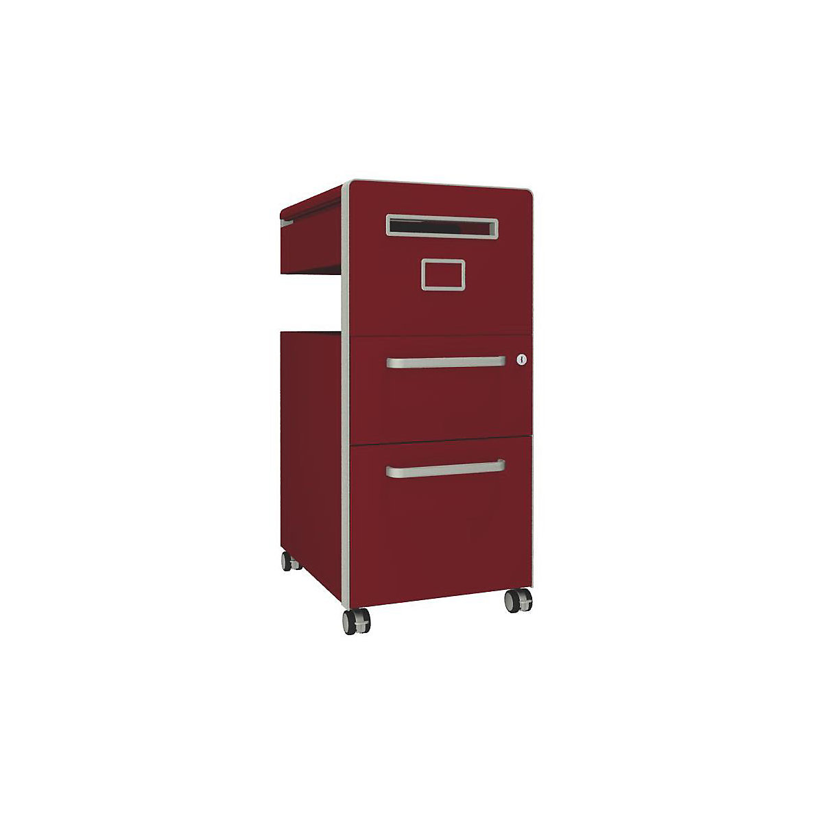 BISLEY – Mobilier auxiliar Bite™, cu 1 panou whiteboard, deschidere pe partea dreaptă, cu 1 sertar universal, 1 sertar pentru registratură suspendată, roșu cardinal