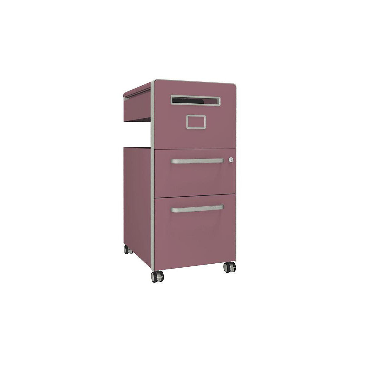 BISLEY – Mobilier auxiliar Bite™, cu 1 panou whiteboard, deschidere pe partea dreaptă, cu 1 sertar universal, 1 sertar pentru registratură suspendată, roz