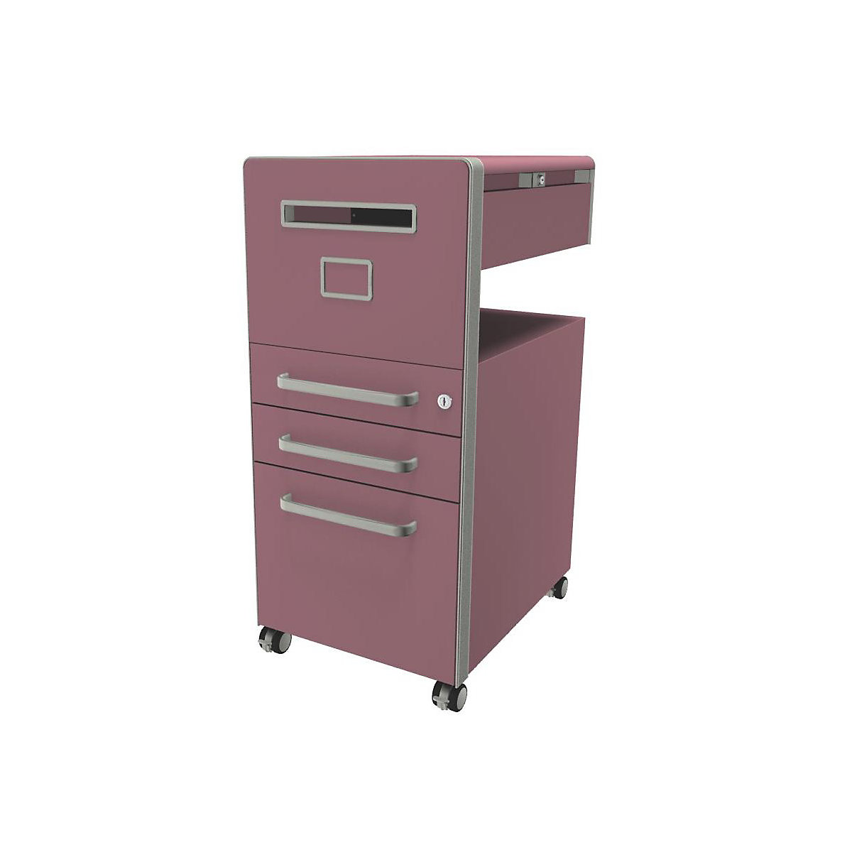 BISLEY – Mobilier auxiliar Bite™, cu 1 panou whiteboard, deschidere pe partea stângă, cu 2 sertare universale, 1 sertar pentru registratură suspendată, roz