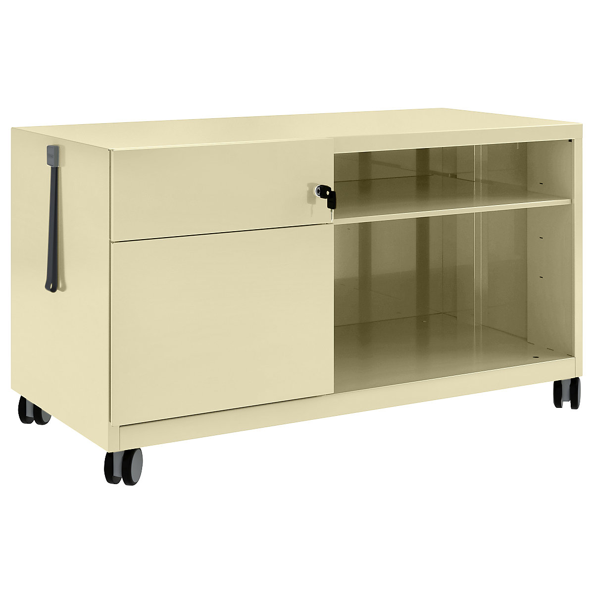 Note™ CADDY, î. x lăț. x ad. 563 x 1000 x 490 mm – BISLEY, stânga 1 sertar universal și pentru registratură suspendată, crem