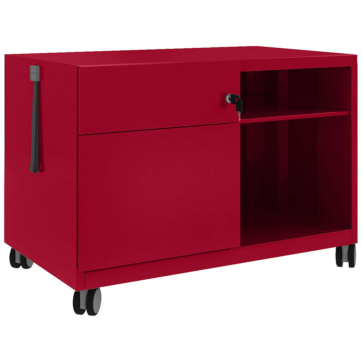 Note™ CADDY, î. x lăț. x ad. 563 x 800 x 490 mm – BISLEY, stânga 1 sertar universal și pentru registratură suspendată, roșu cardinal