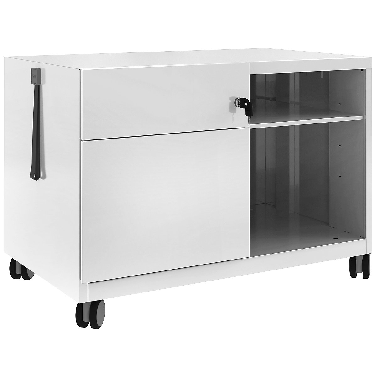 Note™ CADDY, î. x lăț. x ad. 563 x 800 x 490 mm – BISLEY, stânga 1 sertar universal și pentru registratură suspendată, gri deschis