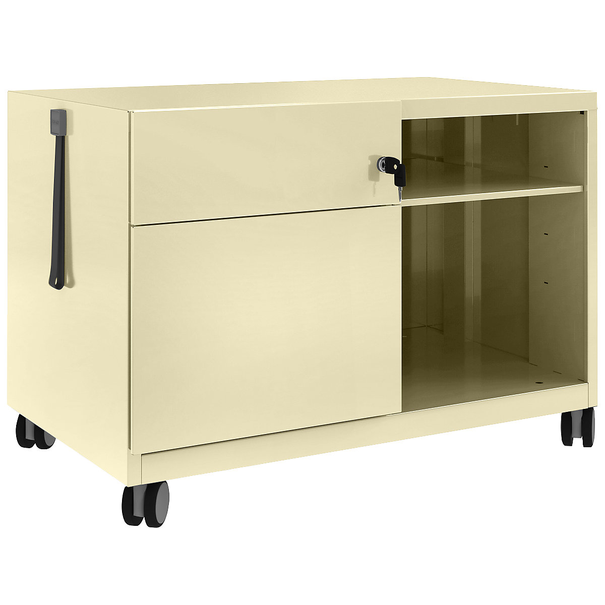 Note™ CADDY, î. x lăț. x ad. 563 x 800 x 490 mm – BISLEY, stânga 1 sertar universal și pentru registratură suspendată, crem