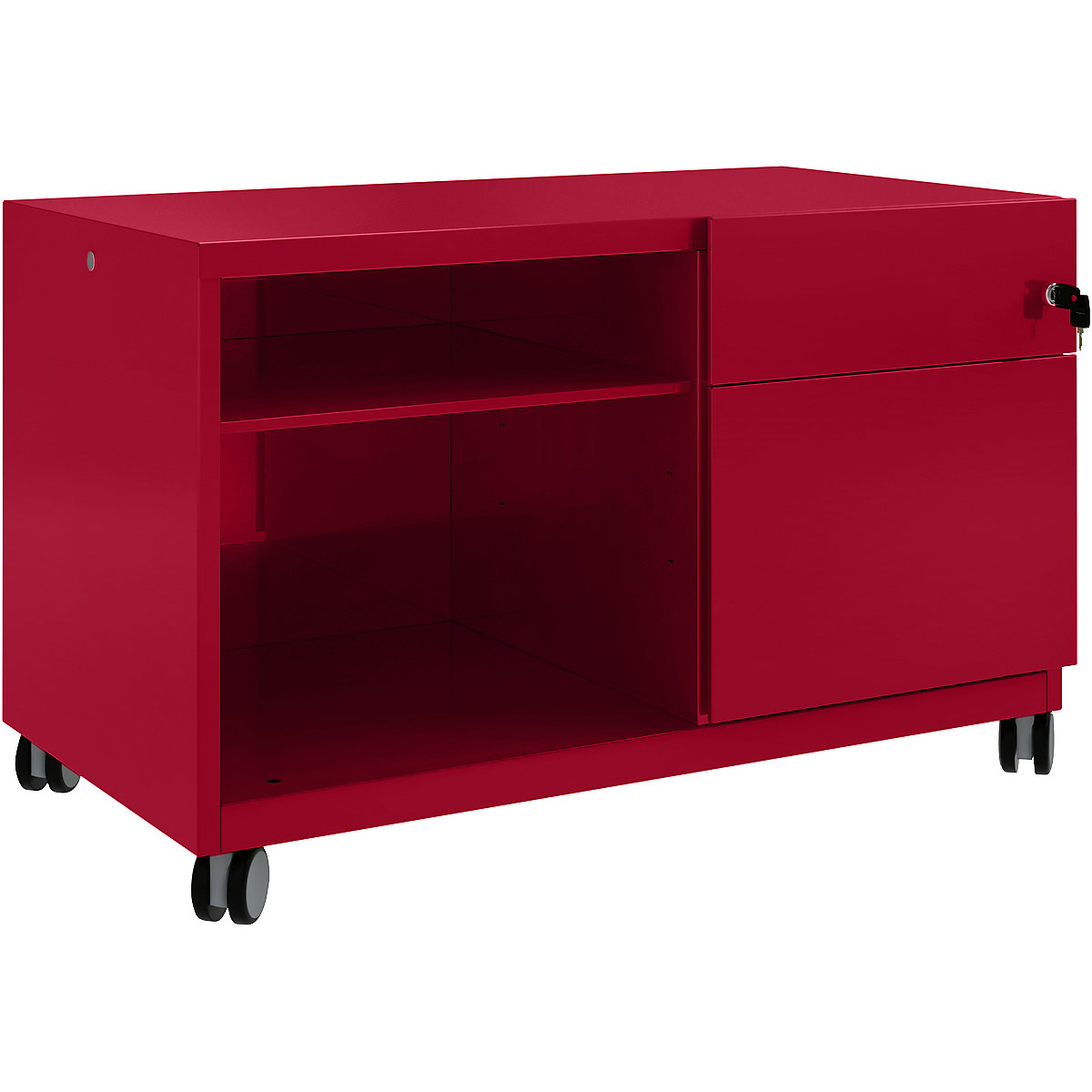 Note™ CADDY, î. x lăț. x ad. 563 x 900 x 490 mm – BISLEY, dreapta 1 sertar universal și pentru registratură suspendată, roșu cardinal