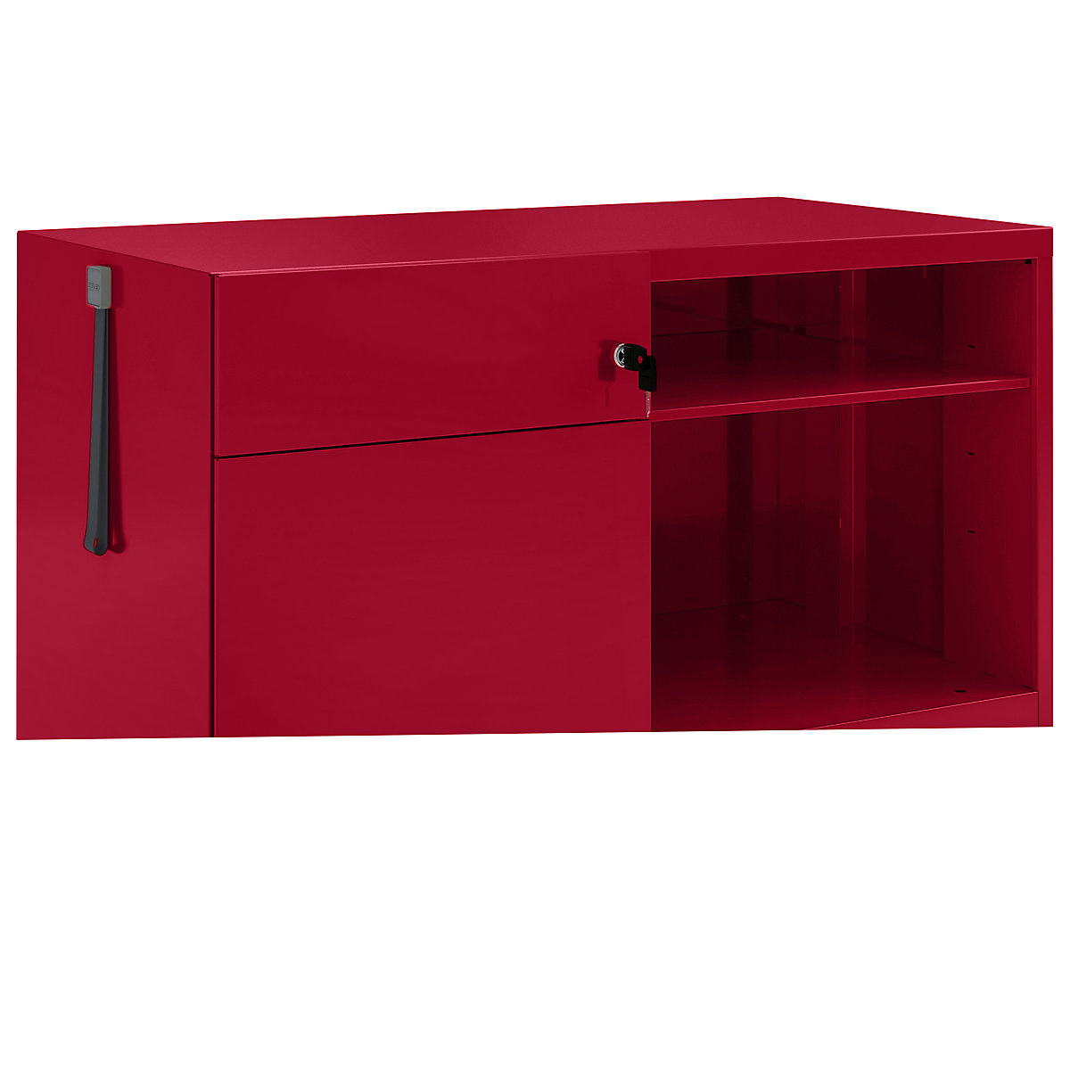 Note™ CADDY, î. x lăț. x ad. 563 x 900 x 490 mm – BISLEY, stânga 1 sertar universal și pentru registratură suspendată, roșu cardinal
