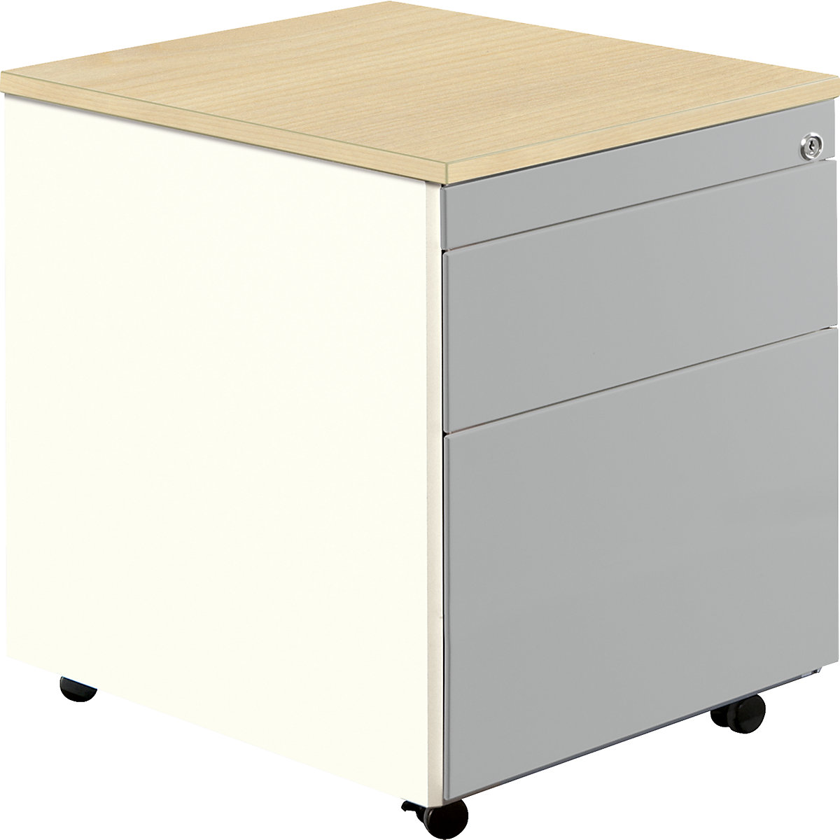 mauser – Casetieră cu sertare cu role, î. x ad. 579 x 600 mm, 1 sertar pentru materiale, 1 registratură suspendată, alb pur / alb aluminiu / arțar