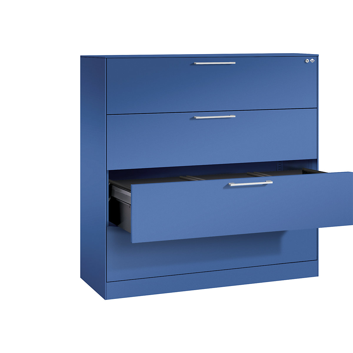 Dulap pentru registratură suspendată ASISTO – C+P, lățime 1200 mm, cu 4 sertare, albastru gențiană/albastru gențiană-15