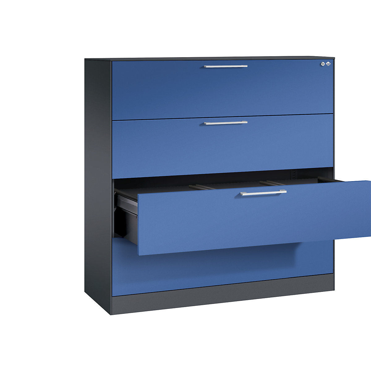 Dulap pentru registratură suspendată ASISTO – C+P, lățime 1200 mm, cu 4 sertare, gri negru/albastru gențiană-4