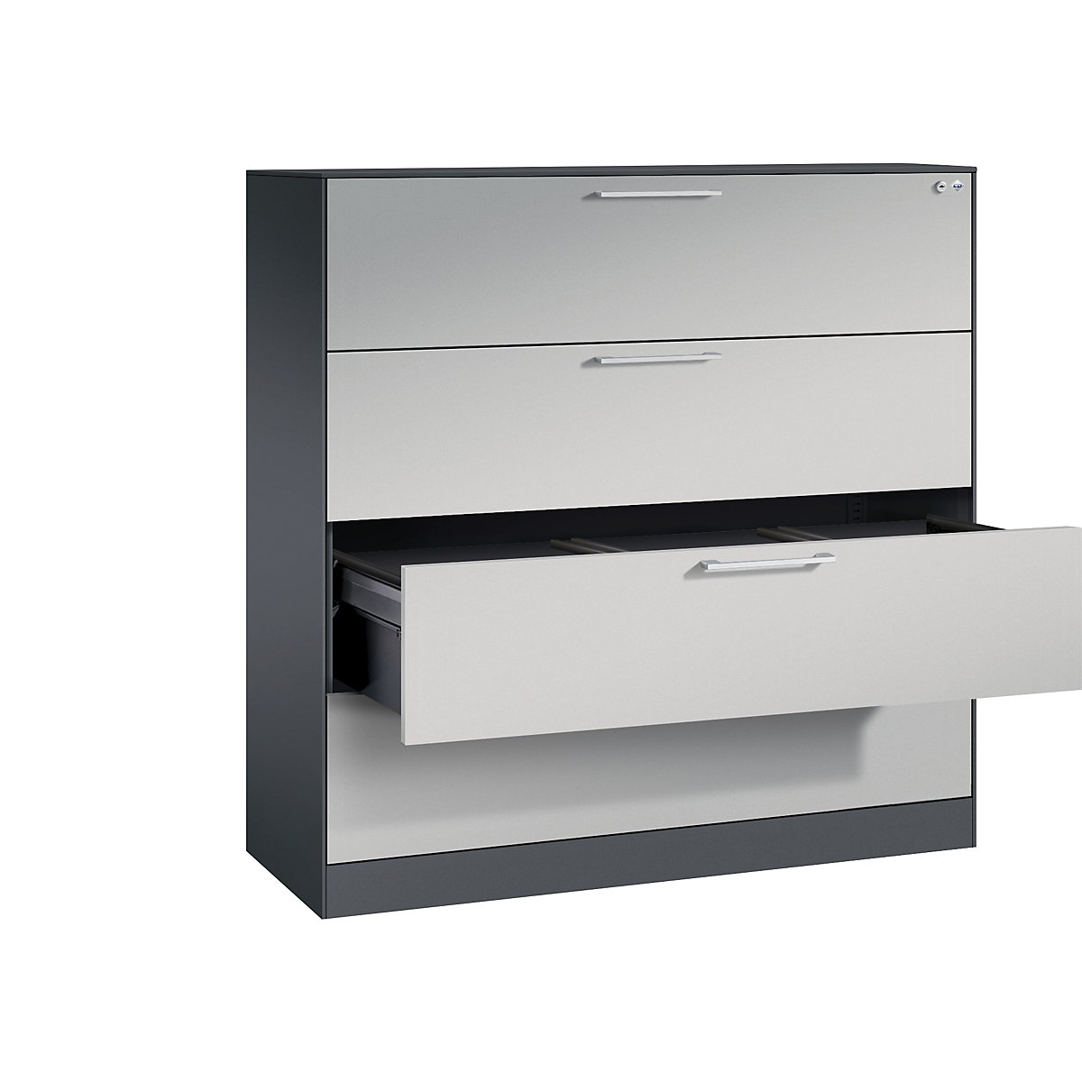 Dulap pentru registratură suspendată ASISTO – C+P, lățime 1200 mm, cu 4 sertare, gri negru/alb aluminiu-9