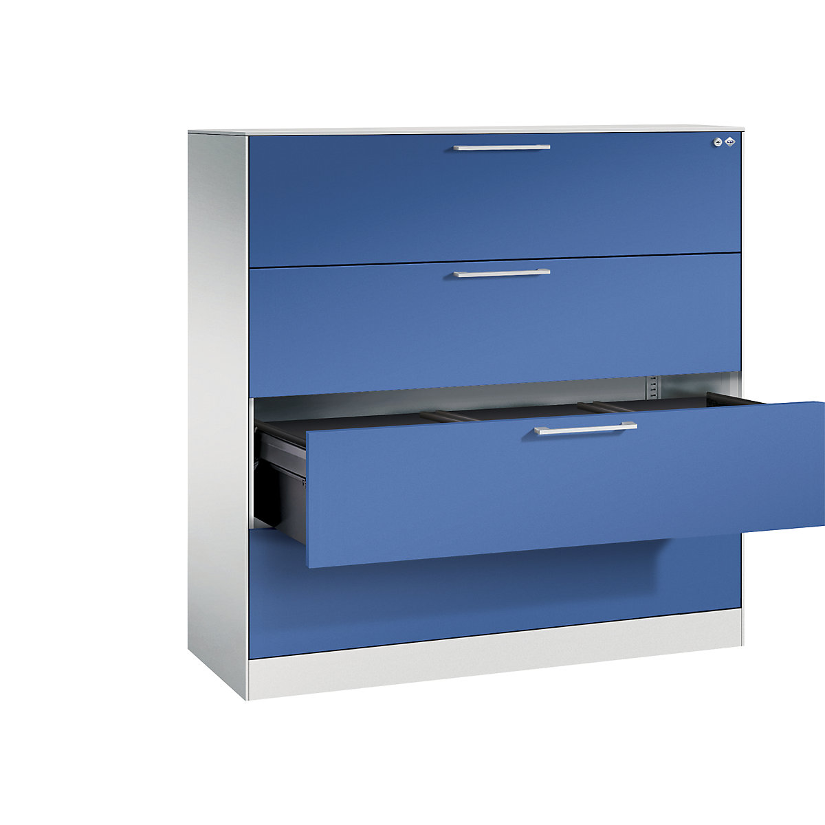 Dulap pentru registratură suspendată ASISTO – C+P, lățime 1200 mm, cu 4 sertare, gri deschis/albastru gențiană-11