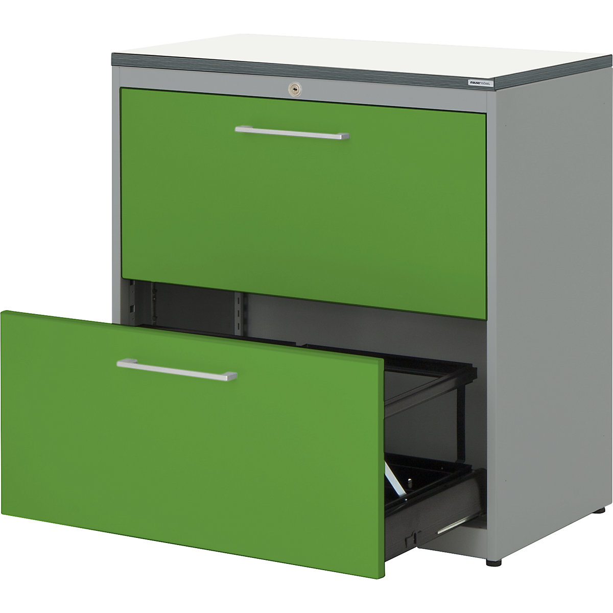 mauser – Dulap pentru registratură suspendată, placă superioară din plastic, 2 sertare, 2 rânduri, cu amortizare, alb aluminiu / verde gălbui / alb