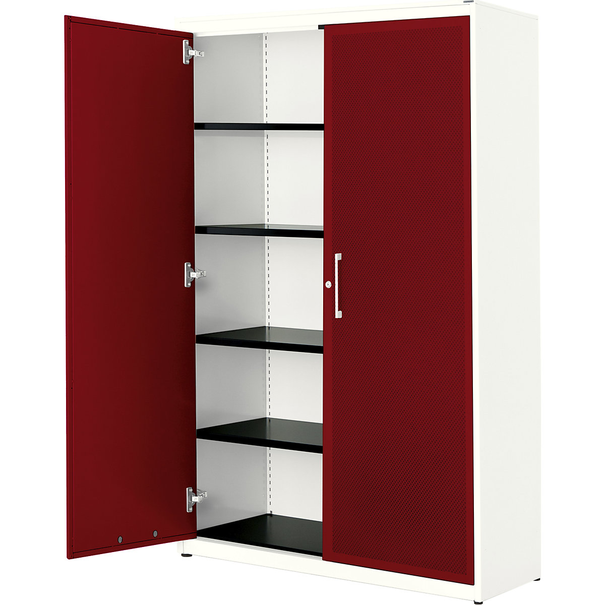 Dulap cu uși cu canaturi, eficient din punct de vedere acustic – mauser, î. x lăț. x ad. 1956 x 1200 x 432 mm, 4 polițe, alb pur / roșu rubin