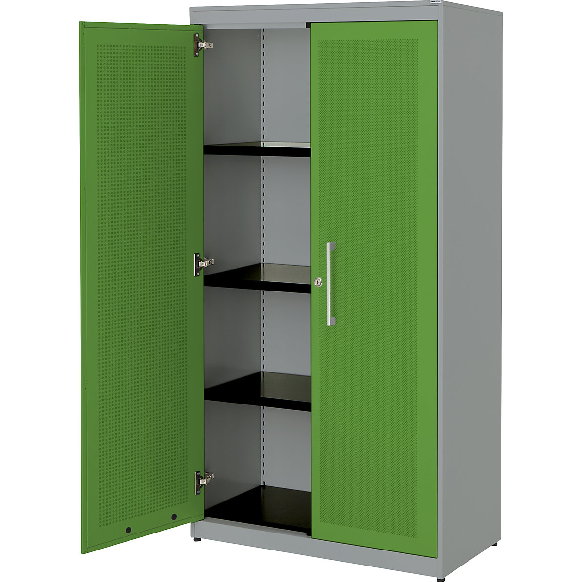 mauser – Dulap cu uși cu canaturi, eficient din punct de vedere acustic, î. x lăț. x ad. 1516 x 800 x 432 mm, 3 polițe, alb aluminiu / verde gălbui