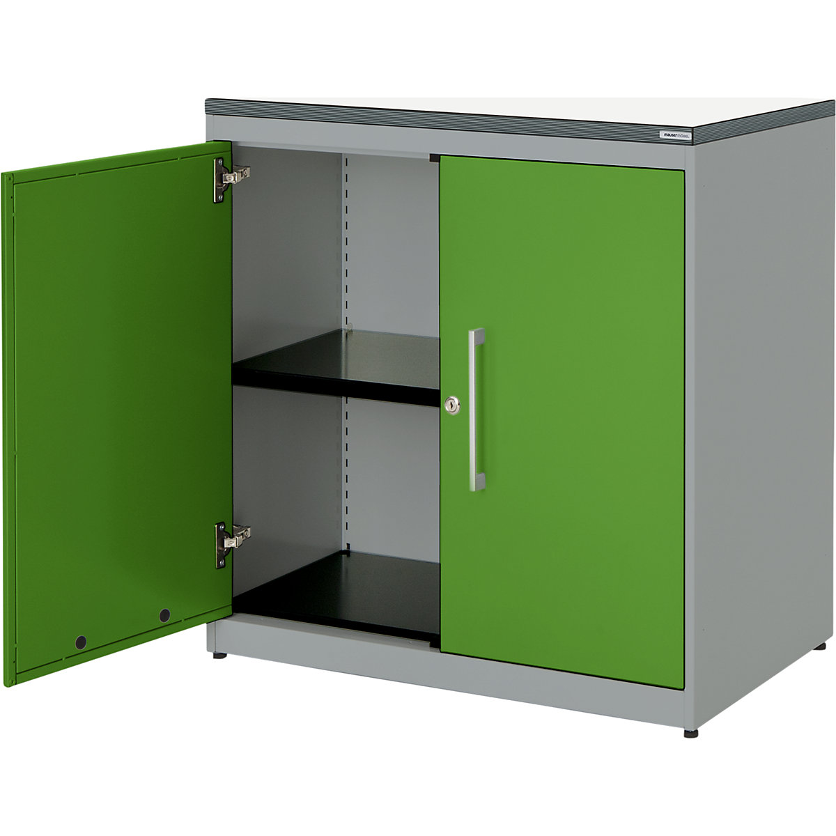 mauser – Dulap cu uși cu canaturi, î. x lăț. 830 x 800 mm, blat din plastic, 1 poliță, alb aluminiu / verde gălbui / alb