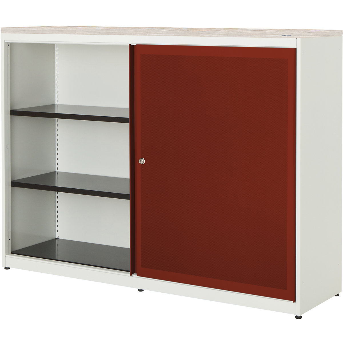 Dulap cu uși glisante, eficient din punct de vedere acustic – mauser, blat din plastic, î. x lăț. x ad. 1180 x 1600 x 432 mm, 2 x 2 polițe, alb pur / roșu rubin / larice de munte