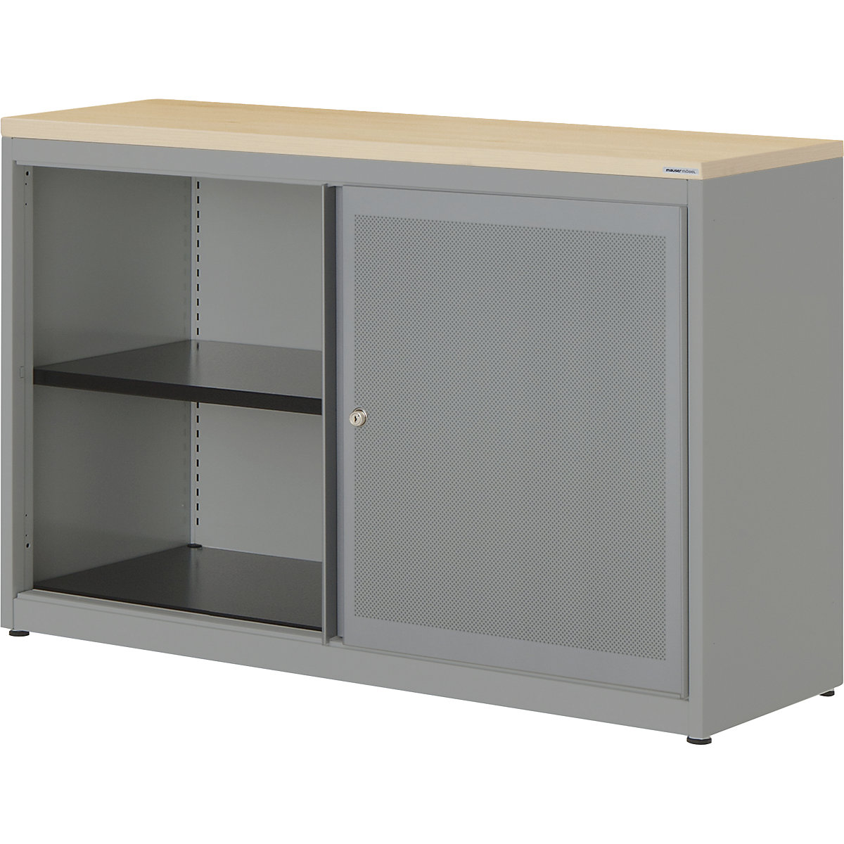 Dulap cu uși glisante, eficient din punct de vedere acustic – mauser, blat din plastic, î. x lăț. x ad. 830 x 1200 x 432 mm, 1 poliță, alb aluminiu / alb aluminiu / arțar