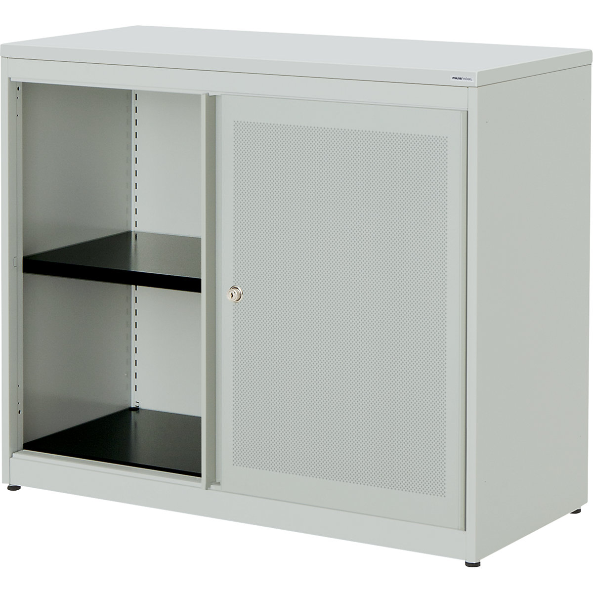 Dulap cu uși glisante, eficient din punct de vedere acustic – mauser, blat din plastic, î. x lăț. x ad. 830 x 1000 x 432 mm, 1 poliță, gri deschis / gri deschis / gri deschis