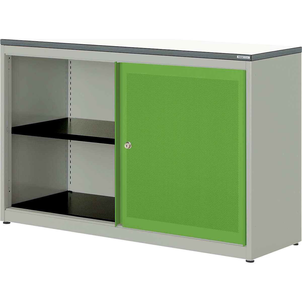 Dulap cu uși glisante, eficient din punct de vedere acustic – mauser, blat din plastic, î. x lăț. x ad. 830 x 1200 x 432 mm, 1 poliță, alb aluminiu / verde gălbui / alb