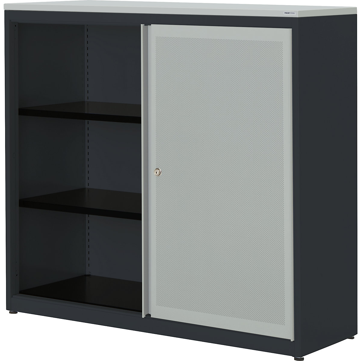 mauser – Dulap cu uși glisante, eficient din punct de vedere acustic, blat din plastic, î. x lăț. x ad. 1180 x 1200 x 432 mm, 2 polițe, gri antracit / gri deschis / gri deschis