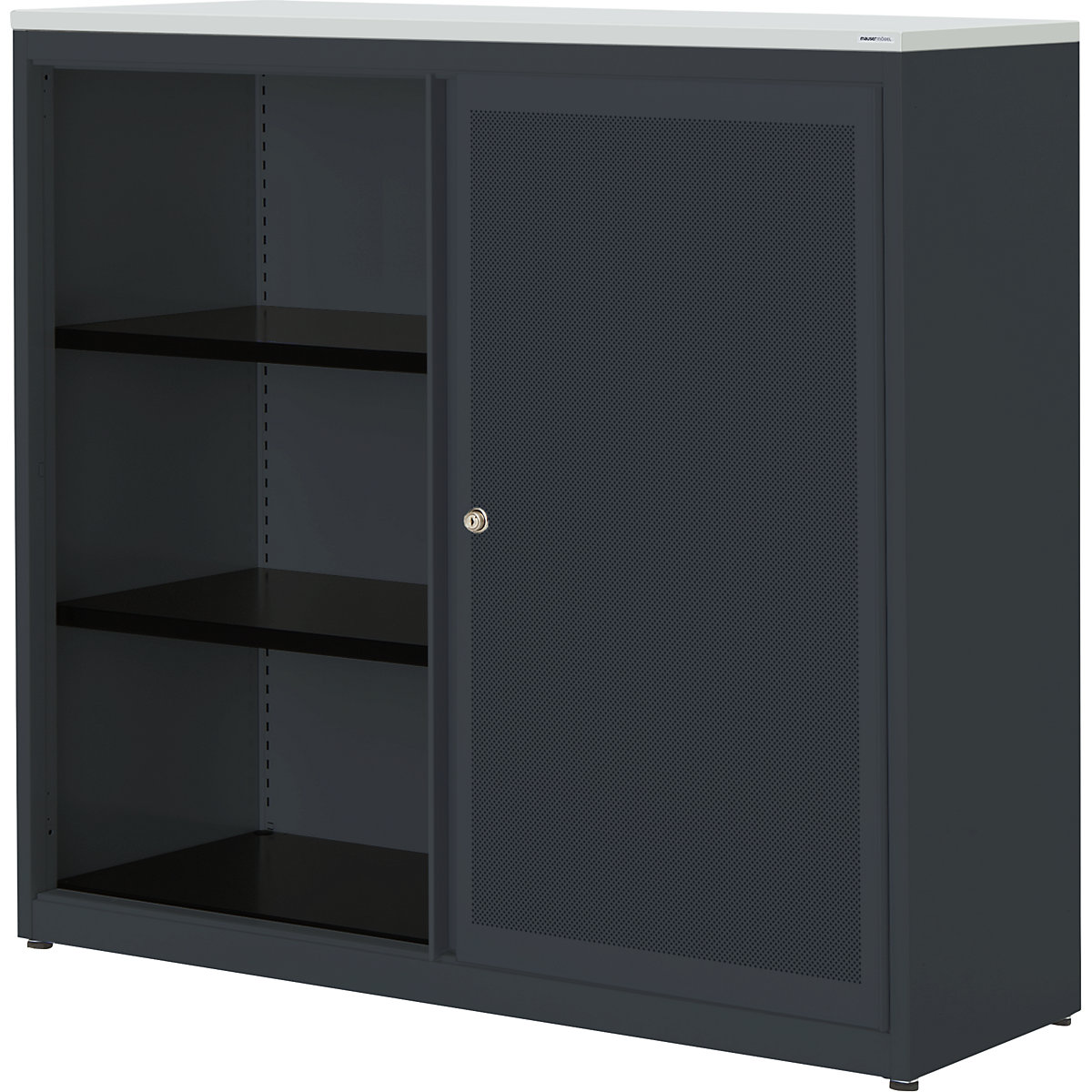 mauser – Dulap cu uși glisante, eficient din punct de vedere acustic, blat din plastic, î. x lăț. x ad. 1180 x 1200 x 432 mm, 2 polițe, gri antracit / gri antracit / gri deschis