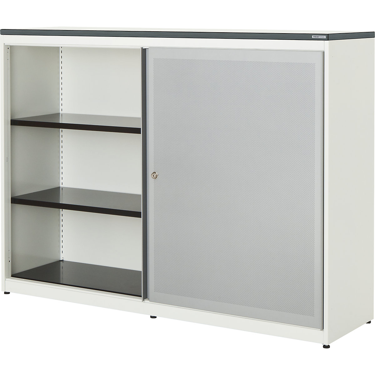 Dulap cu uși glisante, eficient din punct de vedere acustic – mauser, blat din plastic, î. x lăț. x ad. 1180 x 1600 x 432 mm, 2 x 2 polițe, alb pur / alb aluminiu / alb
