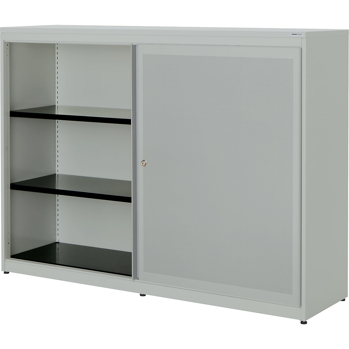 Dulap cu uși glisante, eficient din punct de vedere acustic – mauser, blat din plastic, î. x lăț. x ad. 1180 x 1600 x 432 mm, 2 x 2 polițe, gri deschis / gri deschis / gri deschis