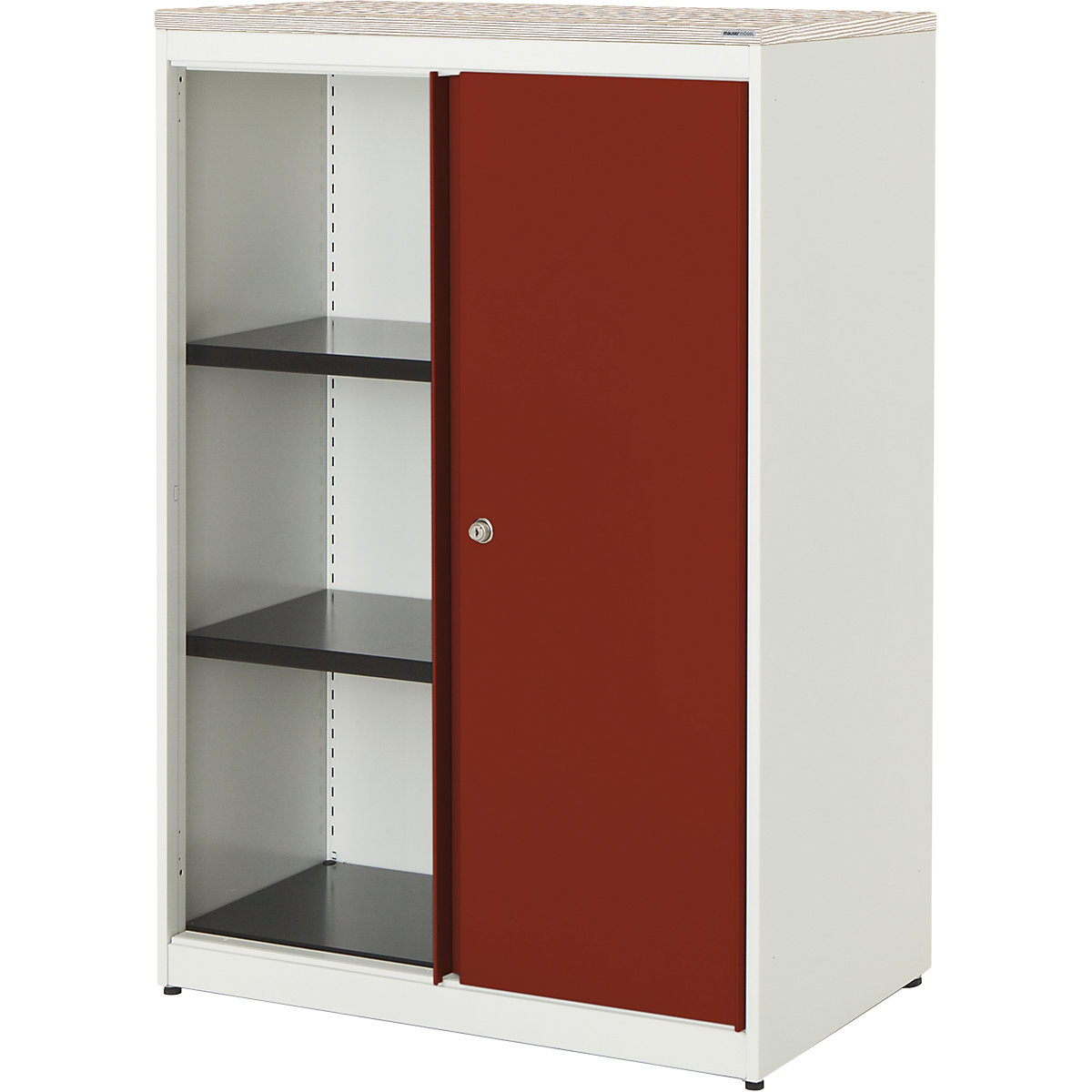 Dulap cu uși glisante – mauser, î. x lăț. x ad. 1180 x 800 x 432 mm, blat din plastic, 2 polițe, alb pur / roșu rubin / larice de munte