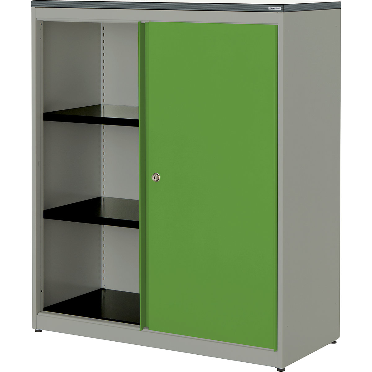 Dulap cu uși glisante – mauser, î. x lăț. x ad. 1180 x 1000 x 432 mm, blat din plastic, 2 polițe, alb aluminiu / verde gălbui / alb