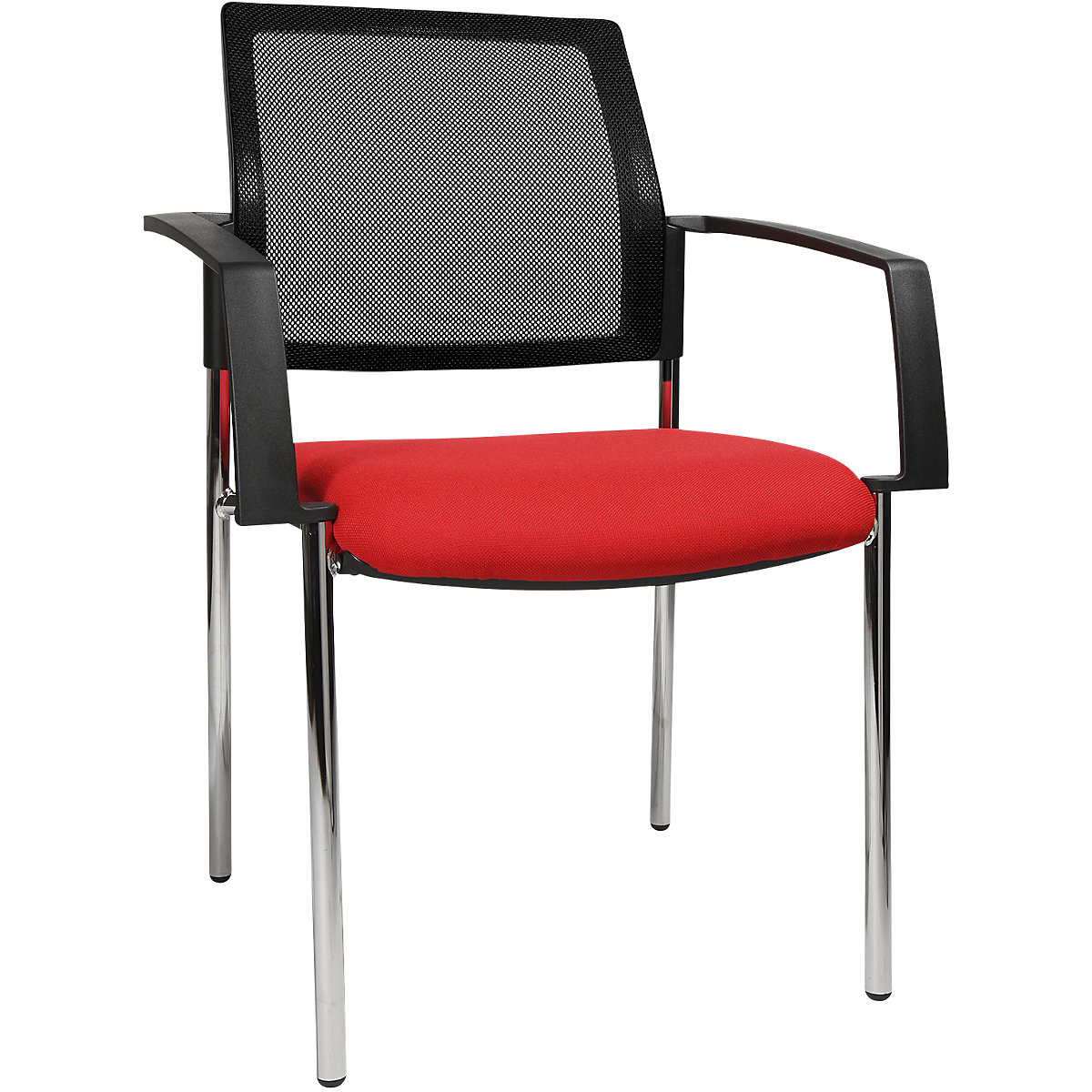Scaun de stivuire cu plasă – Topstar, 4 picioare, amb. 2 buc., șezut roșu, cadru cromat-4