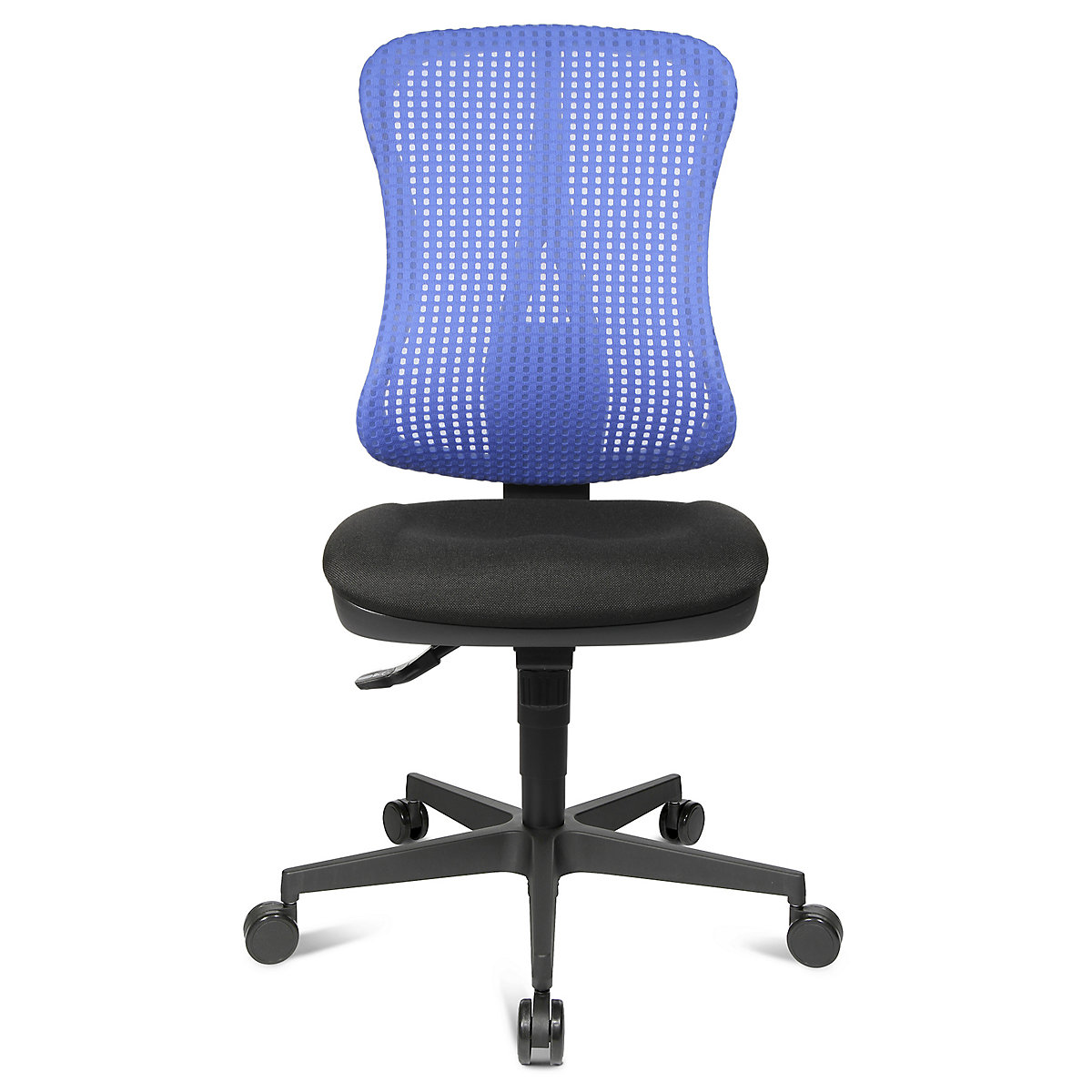 Scaun rotativ ergonomic, șezut cu contur – Topstar, fără cotiere, șezut negru, spătar din plasă albastru