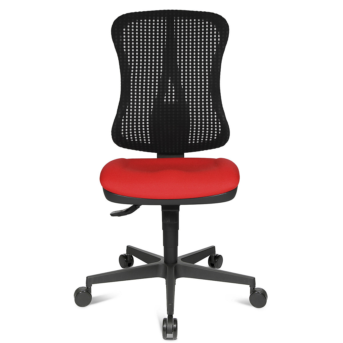 Scaun rotativ ergonomic, șezut cu contur – Topstar, fără cotiere, șezut roșu, spătar din plasă negru