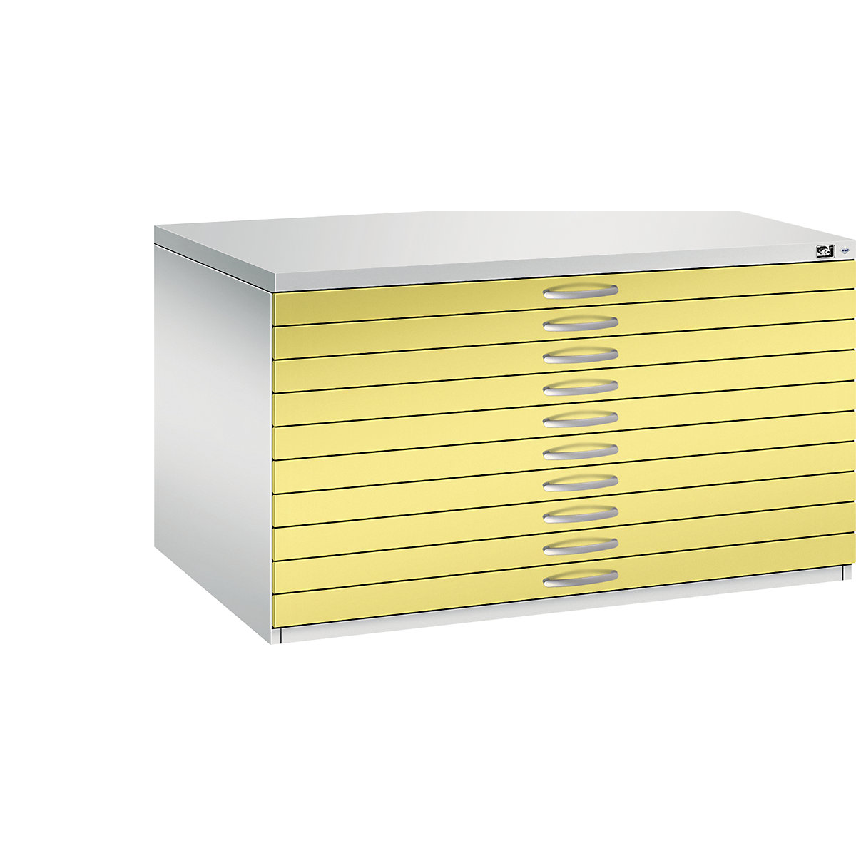 C+P – Armoire à plans, format A0, 10 tiroirs, hauteur 760 mm, gris clair / jaune soufre