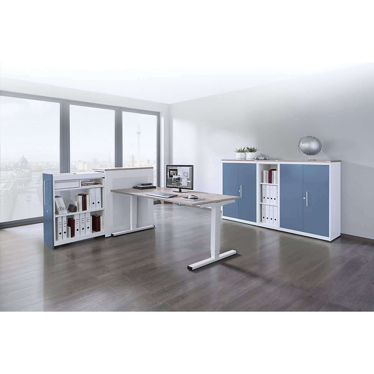 Armoire haute à tiroirs coulissants – mauser, élément de comptoir à gauche, hauteur 1025 mm, blanc pur / bleu pigeon-19